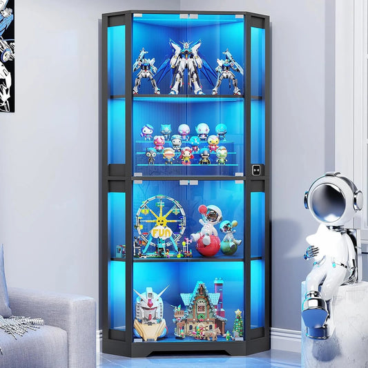 Corner Display Cabinet With Glass Doors, 65 In. Lighted Curio Cabinet With 3 Color Lights