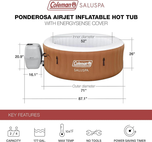 Coleman SaluSpa Miami AirJet 2 To 4 Person Round Inflatable Hot Tub Portable Outdoor Spa With 120 Soothing AirJets And Insulated Cover, Black