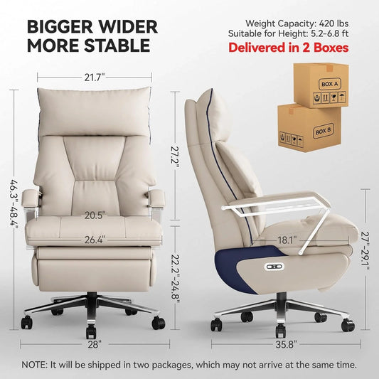 M80 Executive Chair With Two Motors And Footrest, For Tall And Heavy People, Up To 190 Kg, Beige