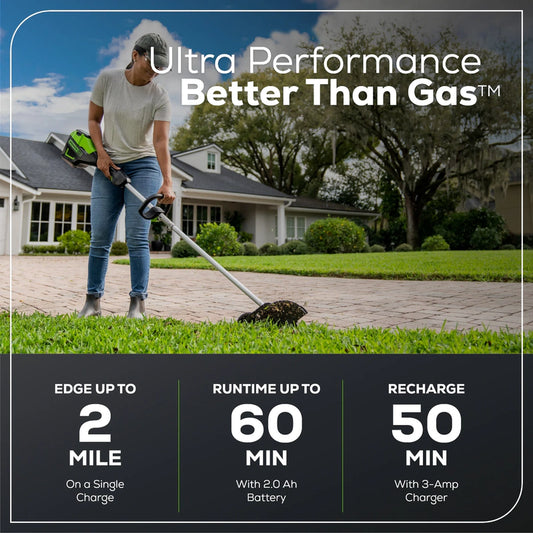 Greenworks 60V 8 In. Brushless Cordless Edger, 2.0 Ah Battery And Charger Included