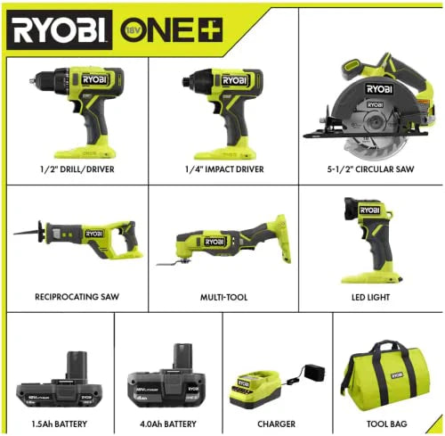 Ryobi One Plus 18V Cordless 6-Tool Combo Kit With Drill, Impact Driver, Saw, Multi-Tool And LED Light