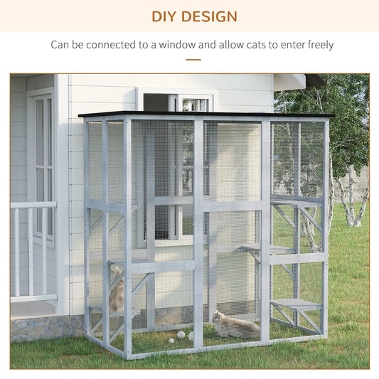 PawHut Wooden Catio Enclosure With Weather Protection, 6 Platforms, Outdoor, Large, 71 In. x 38.5 In. x 71 In