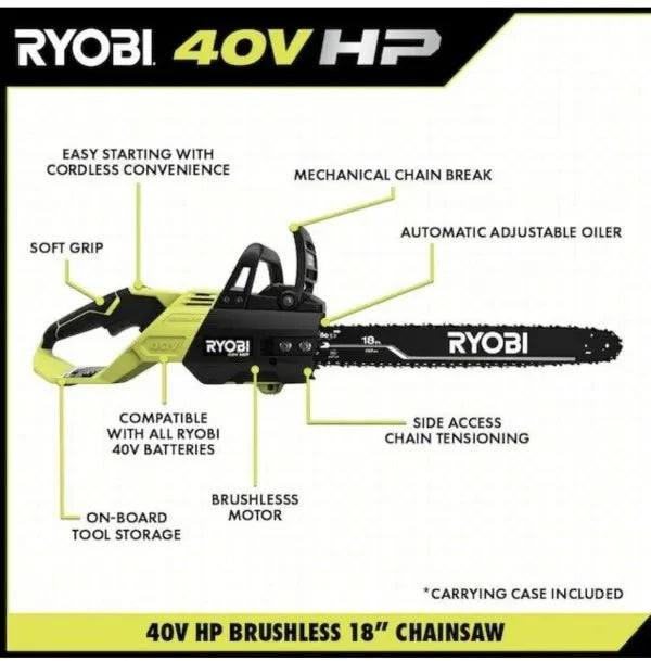 Ryobi 18 40V Cordless Chainsaw Kit With Battery And Charger, Green