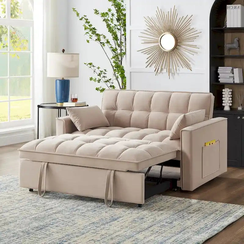 4-in-1 Pull-Out Sleeper Sofa Bed, Loveseat In Velvet-Convertible Couch Bed With Reclining Backrest,2 Side Pockets