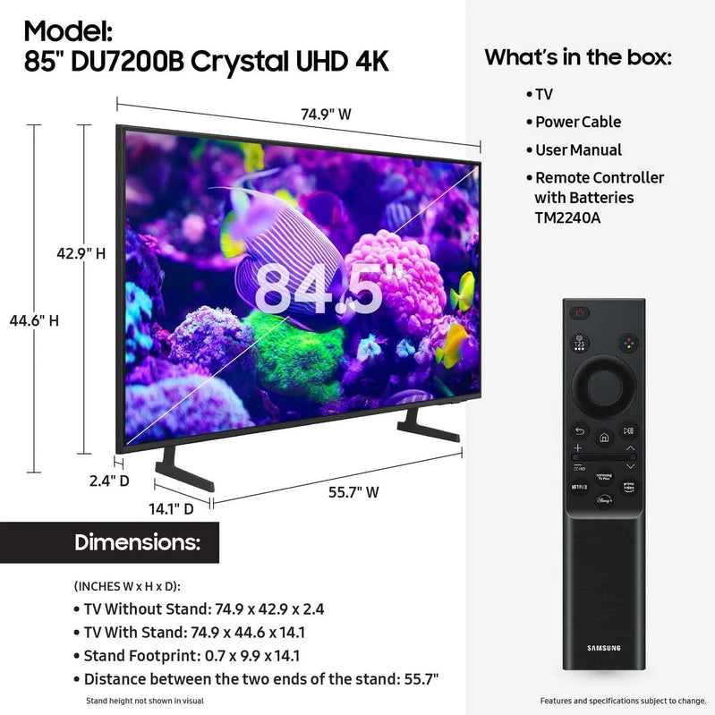 Samsung 85 Crystal UHD 4K Smart TV DU7200B With PurColor, HDR, And Tizen OS C 2024 Model
