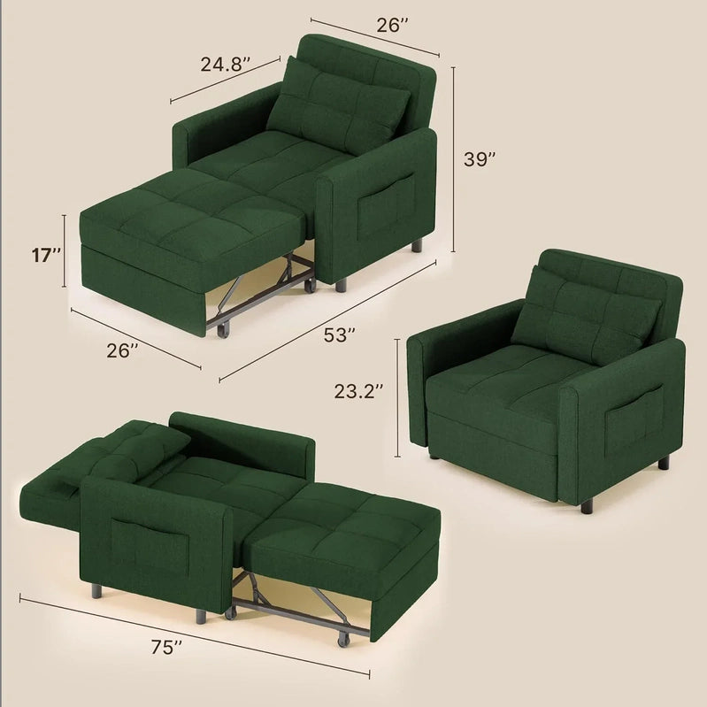 Sofa Bed Chair 3-in-1 Convertible Pullout Single Sleeper Chair Bed Spacious Multifunctional Sofa