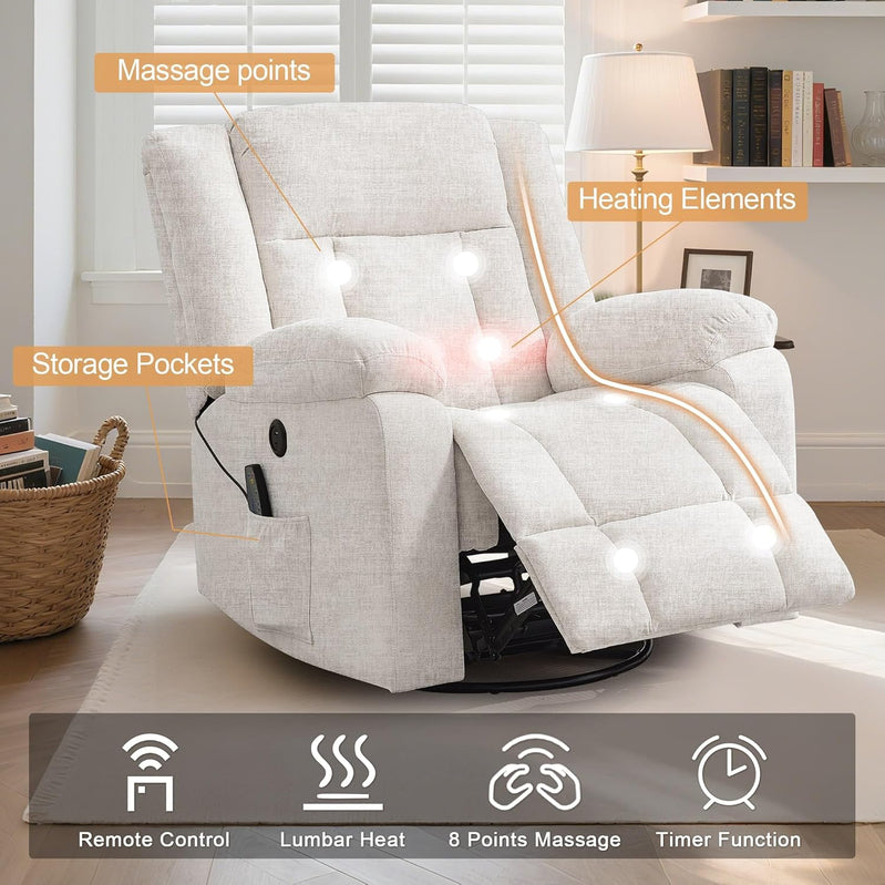 Rocker Recliner, Glider Recliner Chairs For Adults, 360 Degree Swivel Rocking Chair With Massage And Heating