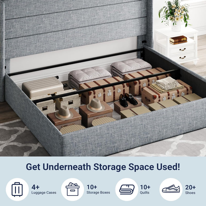 Allewie Queen Size Lift Up Storage Bed, Modern Wingback Headboard, Hydraulic Support, No Box Spring Needed, Light Beige