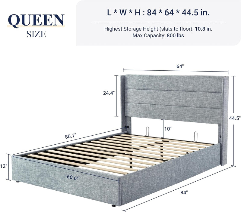 Allewie Queen Size Lift Up Storage Bed, Modern Wingback Headboard, Hydraulic Support, No Box Spring Needed, Light Beige