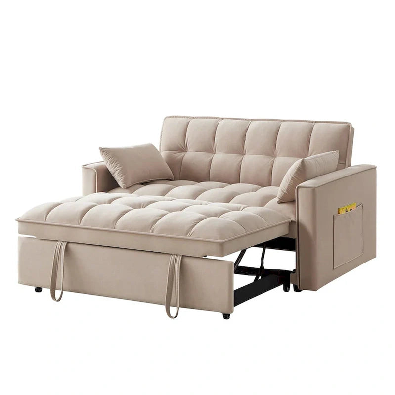 4 in1 Loveseat Sofa Bed With Armrests And Storage Pockets, Multi-Function Tufted Pull-Out Sofa Bed With Adjustable Backrest