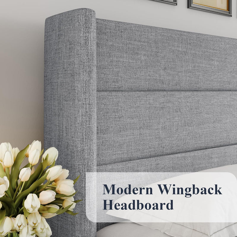 Allewie Queen Size Lift Up Storage Bed, Modern Wingback Headboard, Hydraulic Support, No Box Spring Needed, Light Beige