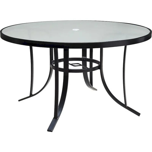 Hanover Lavallette 5-Piece Dining Set In Ocean Blue With 4 Stationary Chairs, 52-In. Round Glass-Top Table, Umbrella, And Base