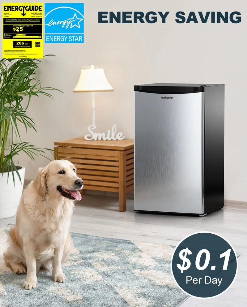 Upstreman 3.2 Cu. Ft. Mini Fridge With Freezer, Single Door Mini Fridge, Dorm Fridge, Adjustable Thermostat, Black-BR321
