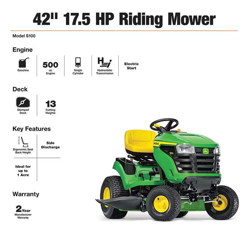 John Deere S100 42 In. Riding Lawn Mower, 17.5 HP Gas Hydrostatic Drive