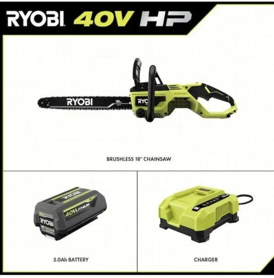 Ryobi 18 40V Cordless Chainsaw Kit With Battery And Charger, Green