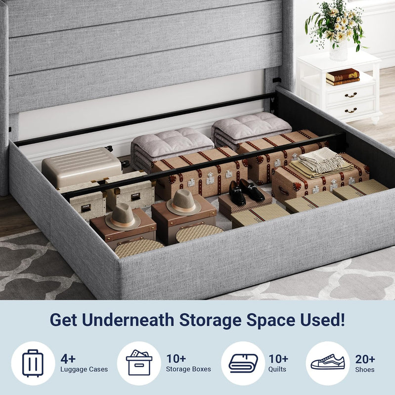 Allewie Queen Size Lift Up Storage Bed, Modern Wingback Headboard, Hydraulic Support, No Box Spring Needed, Light Beige