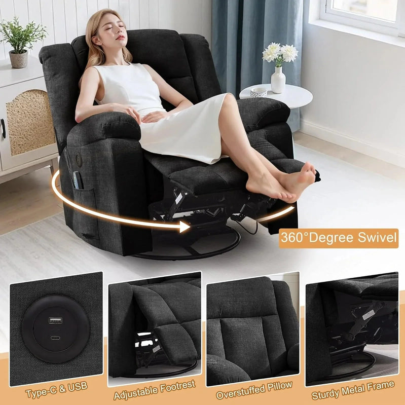 Rocker Recliner, Glider Recliner Chairs For Adults, 360 Degree Swivel Rocking Chair With Massage And Heating